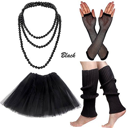 80s Outfit Costume Accessories Women Tutu Skirt Earings Stretch Headband Necklace Bracelets Fishnet Gloves Leg Warmer (Black Set)