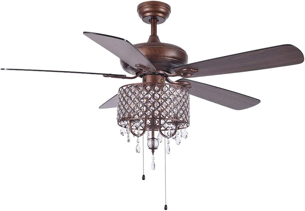 LuxureFan 52Inch Antique Crystal Ceiling Fan Light Led light Kit 5 Wood Blade 3 Speed Remote Control/Pull Chain Red Bronze Ceiling Fan for Living Room/Bedroom
