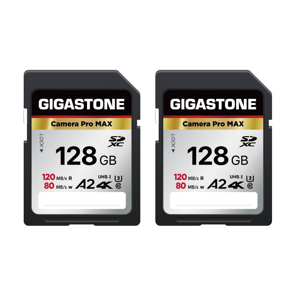 [5-Yrs Free Data Recovery] GIGASTONE 128GB 2-Pack SD Card, 4K Camera Pro MAX, A2 4K SDXC Memory Card High Speed 4K UHD Video Compatible with Canon Nikon Sony Kodak Digital Camera, with 2 Mini case
