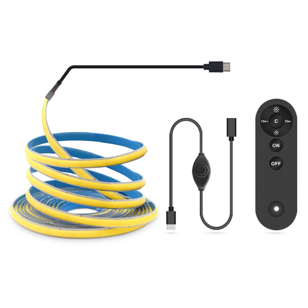 RYE COB LED 5V USB Type-C Strip light 3M Dimmable with Memory Function,Cold White 6000K Super Bright Tape Light suit for Monitor TV Backlight,Mirror,Cabinet,staircases,DIY Lighting with Remote Control