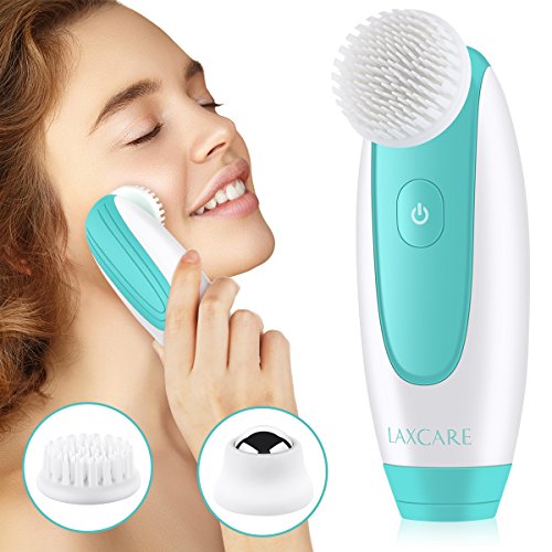 Facial Brush, Laxcare Waterproof Face Brush Facial Cleansing Brush with 3 Brush Heads for Deep Pore Cleansing, Eye Massage, Green - Thumbnail 6