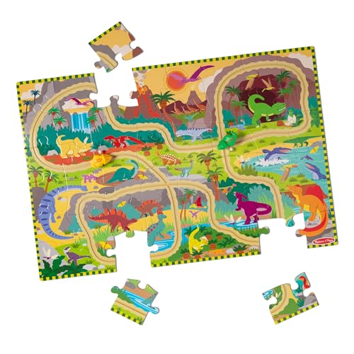 Melissa & Doug Dinosaur Adventure Tracks Cardboard Jigsaw Floor Puzzle and 2 Wind-Up Dinos – 48 Pieces, for Boys and Girls 3+