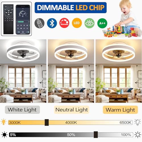 LED Ceiling Fans with Lights Reversible Remote, 6 Speeds Modern Bedroom Fan Ceiling Light Quiet Dimmable Small Ceiling Fan Light for Living Room, White 40CM