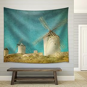 Vintage Image of Windmills in Consuegra, Spain - Fabric Wall Tapestry Home Decor - 51x60 inches