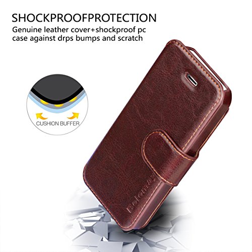 Iphone Se Case, Iphone 5S Case, Iphone 5 Case, Belemay Genuine Leather Case Wallet, Flip Cover With Magnetic Closure, Credit Card Slots, Kickstand, Money Pouch For Iphone Se / 5S / 5 - Coffee Brown (611550576893)