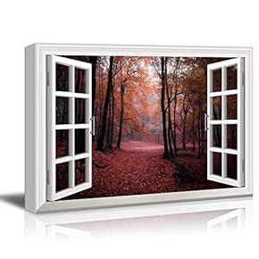 Modern White Window Looking Out Into a Red Road That Leads to an Orange Forest - Canvas Art Home Art - 24x36 inches
