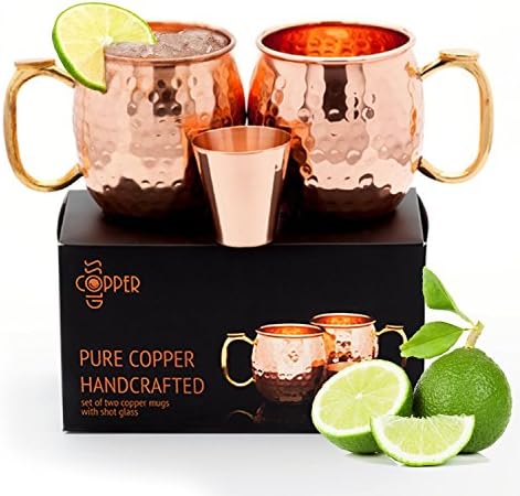 Set of 2 Moscow Mule Copper Mugs with Shot Glass – Two 16 Oz Hammered Moscow Mule Mugs for Cold Drinks – Solid Copper Mugs by Copper Gloss Red