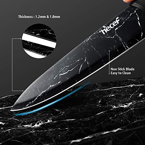 hecef Marble Pattern Kitchen Knife Set of 5, Stainless Steel Blade with Ergonomic Handle（PP+TPR Material）includes Santoku, Chef, Bread, Utility and Paring Knife