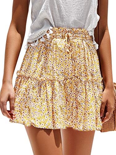 Women's Dot Floral Print Ruffle Mini Skirt High Waist A line Skirts with Tassels