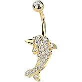 Pierced Owl 14GA 316L Stainless Steel CZ Crystal Paved Dolphin Belly Button Ring