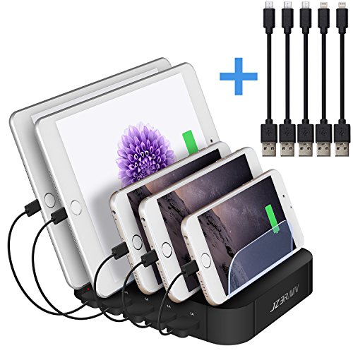 JZBRAIN Multi port USB Charging Station for Multiple Devices USB Charger Docking Station Cord Organizer for Whatever USB Recharging Devices or Tablets (Black, Short Cables Included)