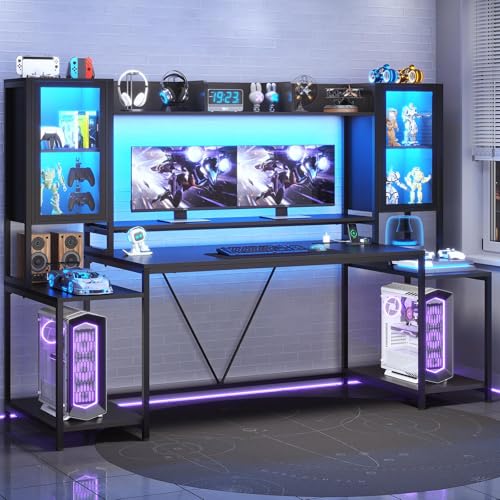 FL FASHION LEADER Escritorio Gamer 190cm Escritorio para Computadora con Luces LED Escritorio Minimalista con Soporte para Monitor, Mesa de PC con Estantes Negro