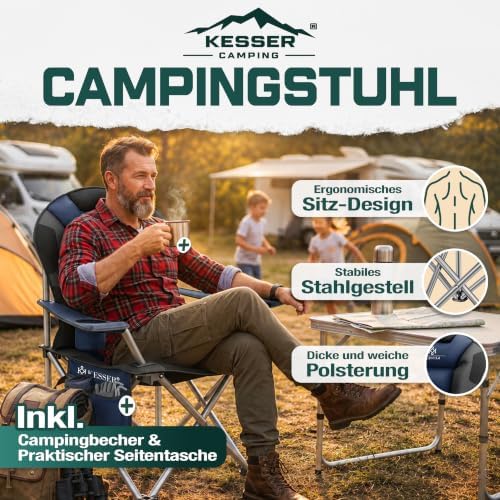 ® Sedia da Campeggio fino a 150 kg con Braccioli, Schienale Alto, Imbottita, Luce da Campeggio e Portabicchieri + Borsa, Pieghevole e Richiudibile, Blu Navy/Nero
