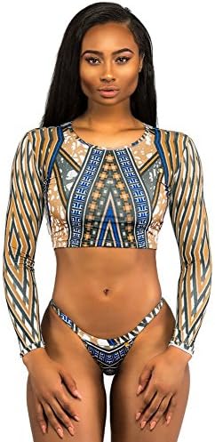 Kaamastra Geometric African Print Long Sleeve Tanga Swimsuit