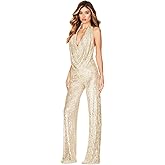 Aelidiya Sequin Jumpsuits Halter Cowl Neck Backless Romper Shiny Overalls Pants
