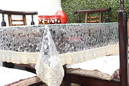 Live Factory 3D PVC Dinning Table Cover with Golden Lace - 6 Seater, Transparent (Gold, 60 x 90)