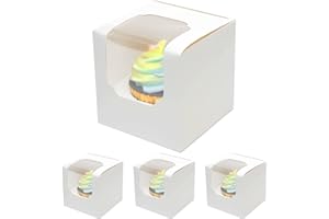 qiqee White Cupcake Boxes Individual Cupcake Container 25pcs 3.5" x 3.5" x 3.5" Auto-Pop up Single Cupcake Boxes (25 Boxes+25