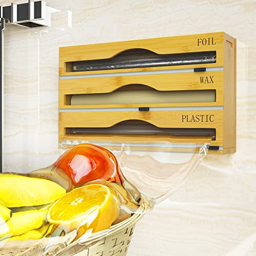 Foil and Plastic Wrap Organizer 3 in 1 Bamboo Wrap Dispense with