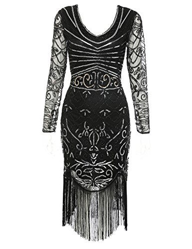 Women's Flapper Dress 1920s Sequins Art Deco Great Gatsby Cocktail Dresses (Black Long Sleeve, S)