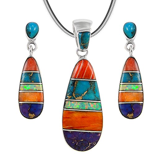 Turquoise NetworkMatching Turquoise & Gemstones Set 925 Sterling Silver (Pendant, Earrings, Necklace 20")