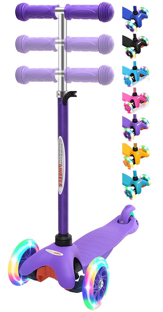 ChromeWheels Mini Scooter for Toddlers, Deluxe 3-Wheeled Scooters for Kids, 4 Adjustable Height Glider with Kick Scooters, Lean-to-Steer with LED Light-Up Wheels for Ages 3-6 Girls Boys