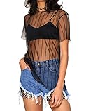WuLun Women's Sexy Summer Street Paris Letter Print See Through Mesh T-Shirts Tops (Small, Striped)