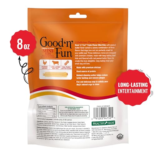 GOOD ‘N’ FUN TRIPLE FLAVOR MINI RIBS WITH PEANUT BUTTER FLAVOR CHEWS FOR DOGS, 8 OUNCES, TREAT YOUR SMALL DOG TO LONG-LASTING CHEWS MADE WITH CHICKEN AND BEEF HIDE