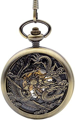 Fashion Beautiful Hollow Phoenix Dragon Bronze Hand-wind Mechanical Pocket Watch Unisex M067