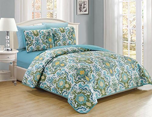 6 Piece Teal Yellow White Floral Pattern Reversible Bedspread Quilt with Sheet Set Queen