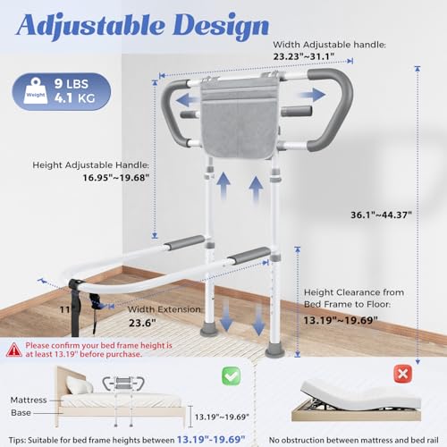 Bedside Rail for Elderly Safety Adjustable Bed Aid with Storage Pocket, Non-Slip Handle,400 lbs Gravity Capacity Gray(Stand-Compatible with Bed Frames 13.19" or Higher)