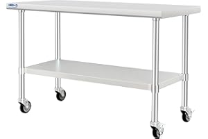 HARDURA Stainless Steel Table with Wheels 24 x 60 Inches Kitchen Prep Table Heavy Duty Stainless Steel Workbench with Glvaniz
