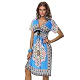 Weixinbuy Women Floral Short Sleeve Sundress V-Neck Mini Dress Skirt Blue M