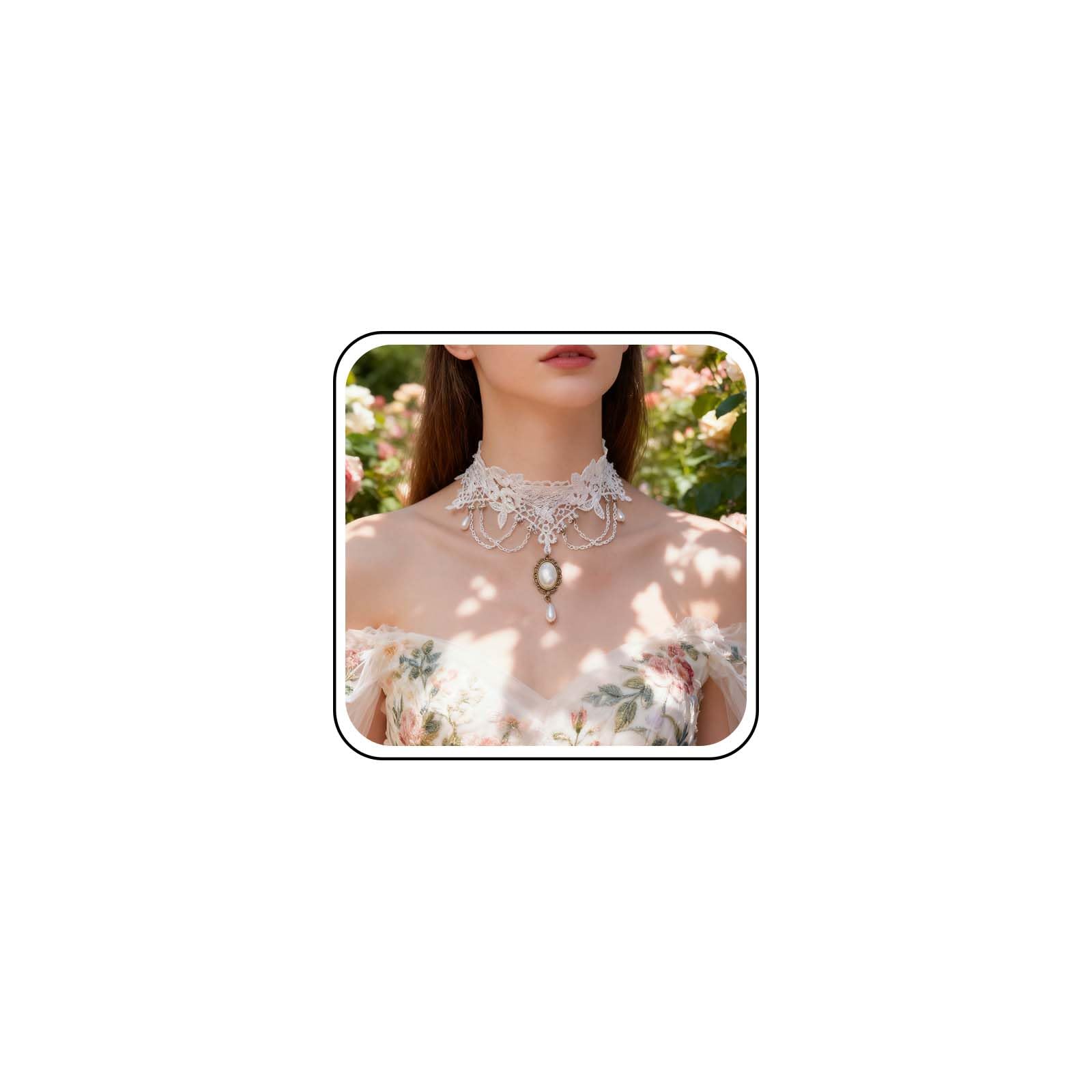 Sttiafay Gem White Lace Choker Necklace for Bridal Wedding Sexy Teardrop Pearl Pendant Clavicle Chain Necklace Classics Lace Tattoo Choker Collar for Women