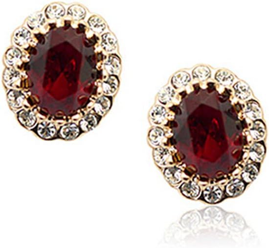 Gold Plated Oval Shaped Ruby Red Swarovski Elements Crystal with Cubic Zirconia Stud Earrings Fashion Jewelry for Women
