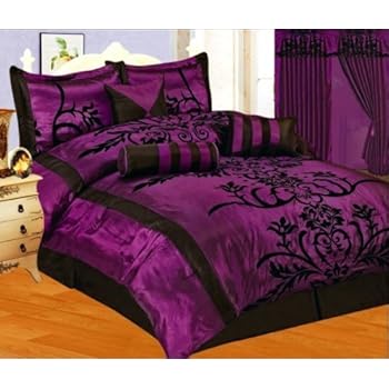Amazon.com: 7 PC MODERN Black Purple Flock Satin COMFORTER