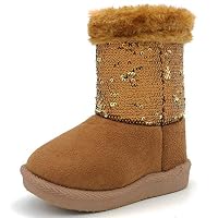 Suburb Basic Toddler Baby Girl Winter Warm Flat Boots Sequin Anti-Slip Zipper Faux-Fur Lining (3 M US Toddler, Tan)