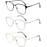 MMOWW 3 Pack Square Blue Light Blocking Reading Glasses Metal Frame Spring Hinges Computer Readers for Men Women