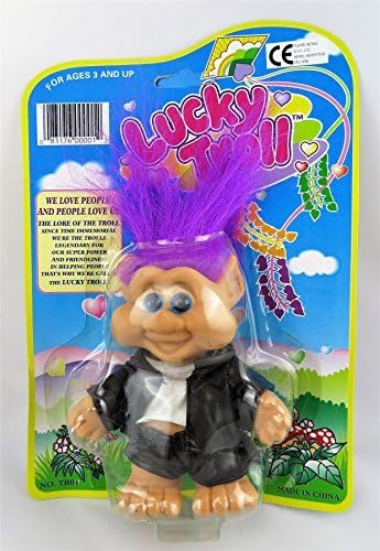Lucky Troll Doll Wearing Black Leather Suit Blue Eyes Purple Hair Trolls 5 Height by Lucky Troll