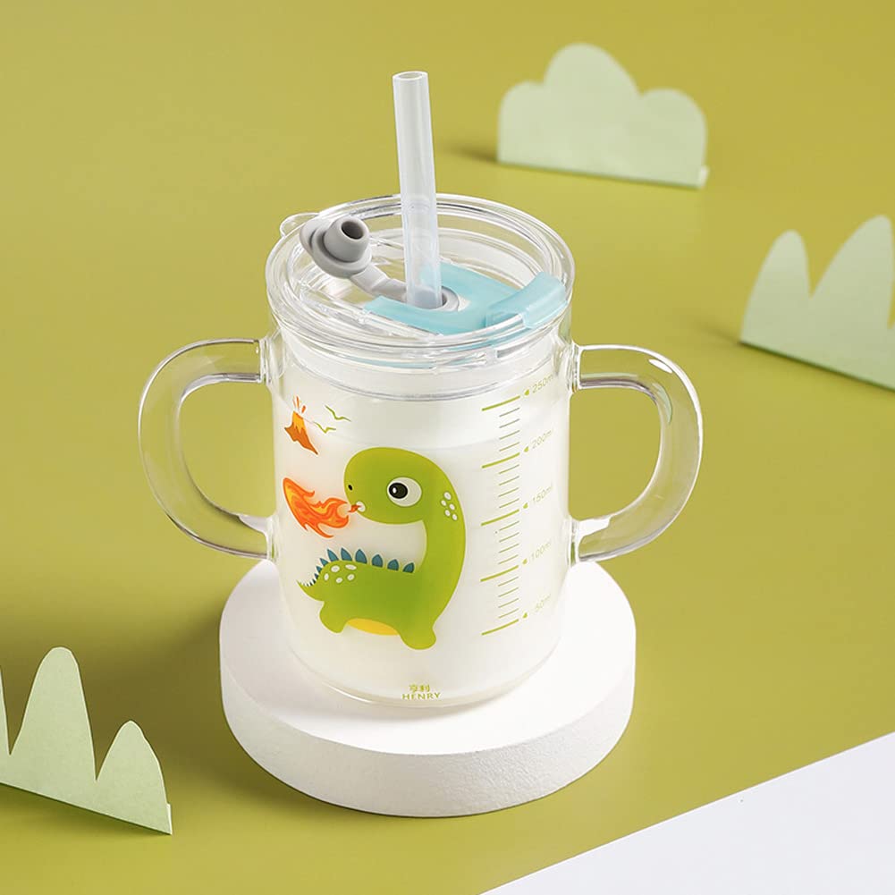 Kids Glass Milk Cup 250ml Measure Jug Cute Cartoon Sippy Cup with Silicone Straw and Lid Heat-Resistant Leak-proof Water Bottle Travel Mug Scale Drinking Milk Juice Water Glass with Double Handle