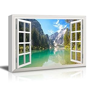 Window View Nature Landscape with Clear River and...