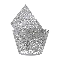 Benbilry 50 PCS Cupcake Wrappers Artistic Bake Cake Paper Cups Laser Cut for Wedding Party Birthday Decoration (Grey)
