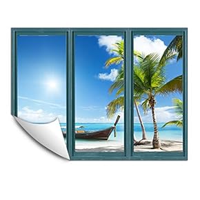 Wall Murals for Bedroom Fake Window Beach Blue Window Removable Wallpaper Peel and Stick Wall Stickers - 24x32 inches