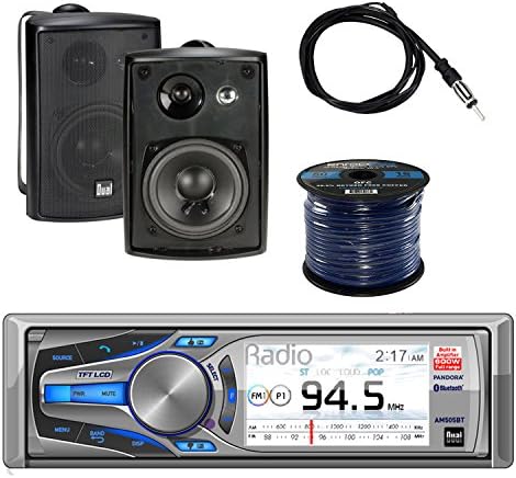 Dual Mechless AM/FM, MP3 Bluetooth Receiver iPod/iPhone Control with Dual 3-Way Indoor/Outdoor Speakers 100 Watt Pair, Enrock Audio Marine Grade Spool of 50' 16-G Speaker Wire &amp; Enrock Marine Antenna