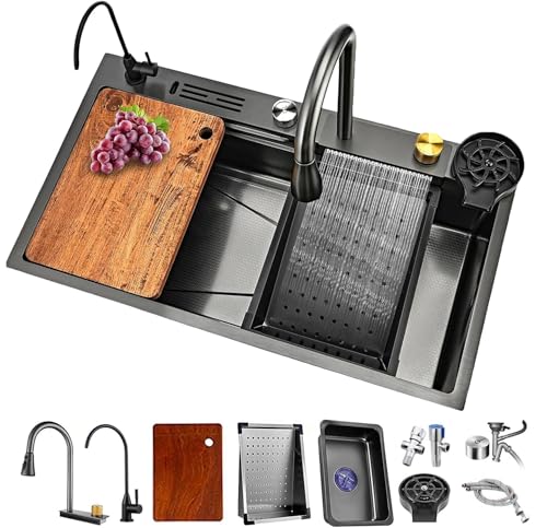 Stainless Steel Waterfall Kitchen Sink – Single Bowl with Thermostat Switch & Handwheel, 80×46×22cm