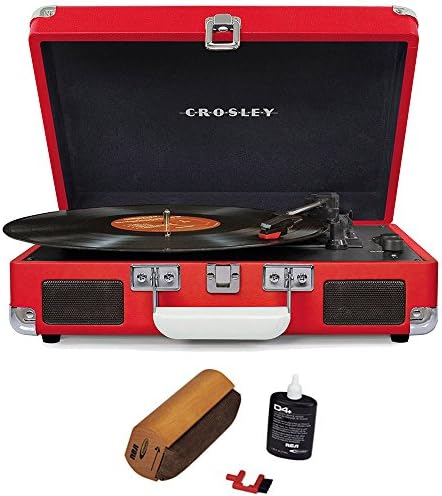Crosley Cruiser Portable 3-Speed Turntable with Bluetooth Red (CR8005D-RE) with RCA D4+ Vinyl Record Cleaning Fluid System