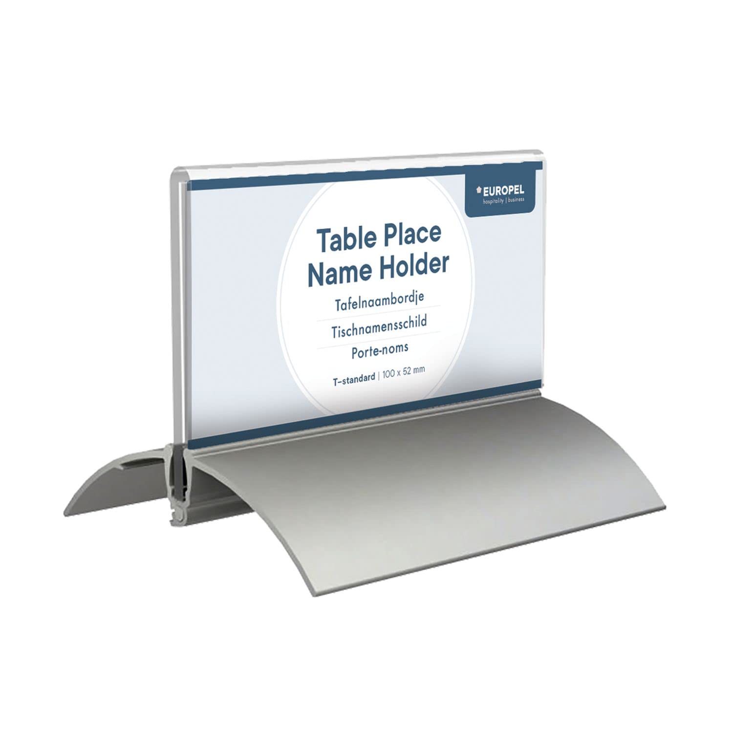 Europel Table Place Name Holder, Set of 2 Pieces, 52 x 100 mm, Clear Acrylic Construction, Double Sided Sign Holder, Name Display for Conferences, Meetings, Free-Standing Design with Aluminium Base