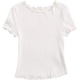 SHENHE Girl's Short Sleeve Ribbed Knit Lettuce Trim Crewneck T Shirt Tee Tops