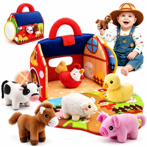Baby Toys 6-12 Months, Plush Farm Animal Sound Toys Baby Gifts Sensory Toys for Babies Boy Girl Gift 6M+ 1 Year Old Girl Boy Newborn Gifts Toys for 1 Year Old Boys Girls Travel Newborn Toys