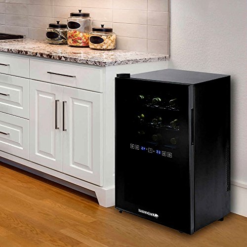 Click Here to See More Images Tiny Wine Cooler, Modern 18-Bottle Dualzone Touchscreen Floor Vintage Wine Bottle Fridge Cooler ETL Approved with Clear Plastic Cap and LED for Temperature & E-Book