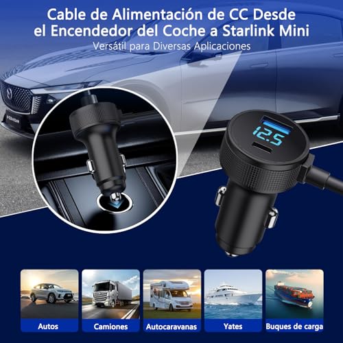 3 en 1 Cable de Alimentación CC para Starlink Mini, Adaptador para Encendedor de 12V-48V con Pantalla Digital, Puertos Tipo C PD de 35W y USB A de 30 W, Ideal para Camiones y Coches (5 metros, 18AWG)